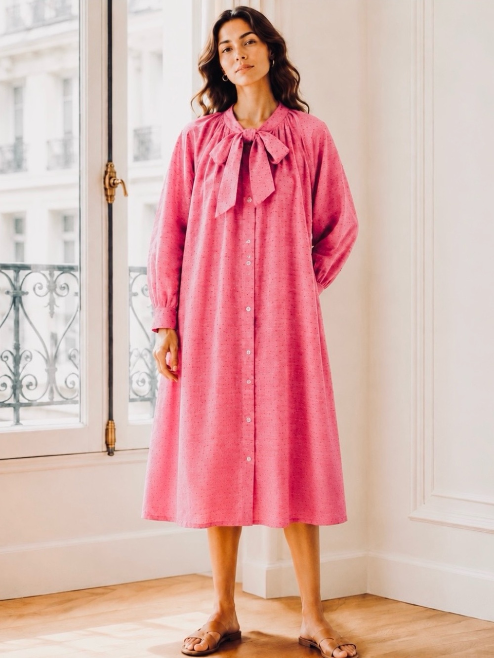 BURU Don't Be a Pill Pink Swiss Dot Bow Tie Midi Shirt Dress XS